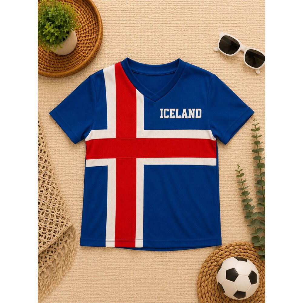 Kids Iceland Flag Soccer Jersey Blue Red White Athletic Shirt Size 3T/4T